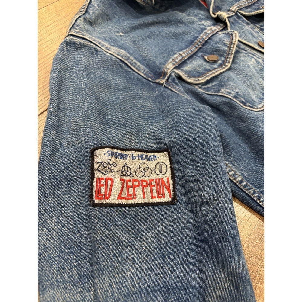 Vintage 80s 90s Led Zeppelin GAP Plaid Lined Denim Trucker Jacket Small Blue USA - Picture 8 of 12